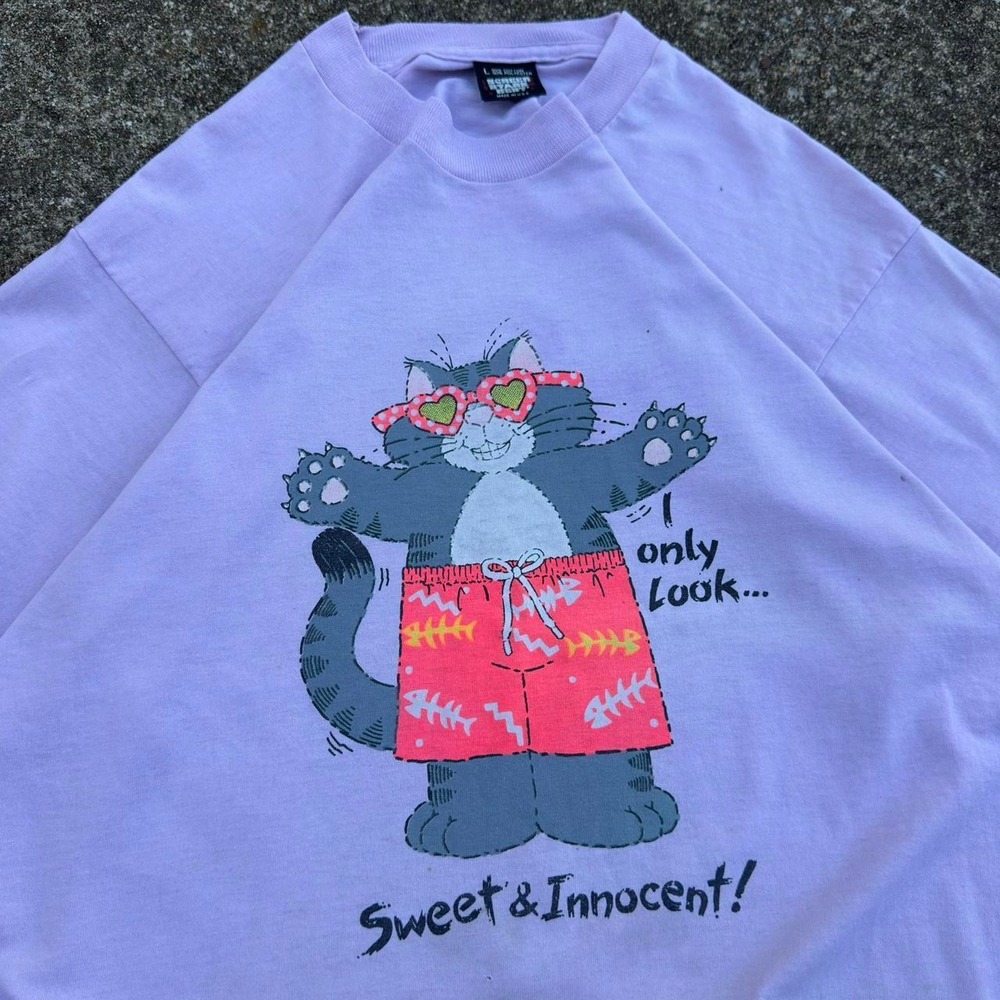 Vintage 90s Cute Cat Graphic Pastel Lavender USA Made T Shirt Large (d6)